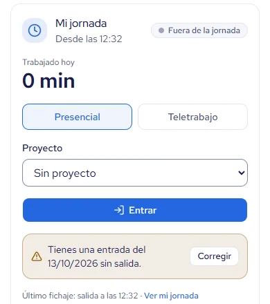 Fichaje desde el móvil con modalidad presencial o teletrabajo y proyecto